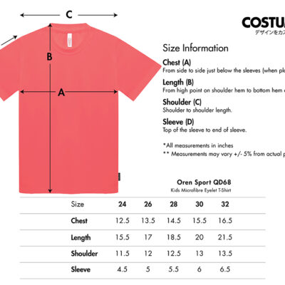 Kids Microfibre Eyelet T-Shirt (Oren Sport Qd68) 8 Oren Sport Qd68 Kids Microfibre Eyelet T-Shirt 2026 Size Information X Costumice Design
