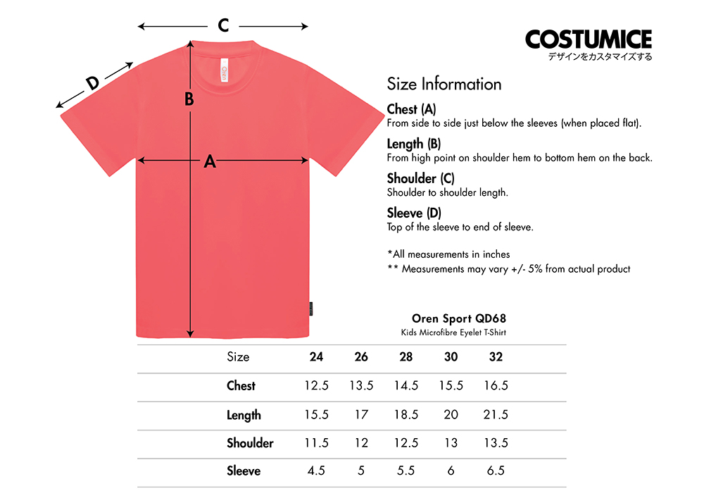 Kids Microfibre Eyelet T-Shirt (Oren Sport Qd68) 5 Oren Sport Qd68 Kids Microfibre Eyelet T-Shirt 2026 Size Information X Costumice Design