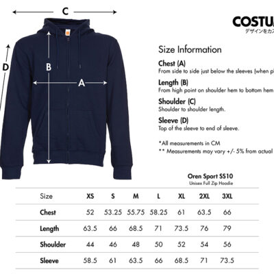 Unisex Full Zip Hoodie 65% Polyester 35% Cotton @250Gsm (Oren Sport Ss10) 8 Oren Sport Ss10 Unisex Full Zip Hoodie 2026 Size Information X Costumice Design