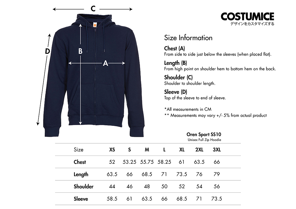 Unisex Full Zip Hoodie 65% Polyester 35% Cotton @250Gsm (Oren Sport Ss10) 5 Oren Sport Ss10 Unisex Full Zip Hoodie 2026 Size Information X Costumice Design